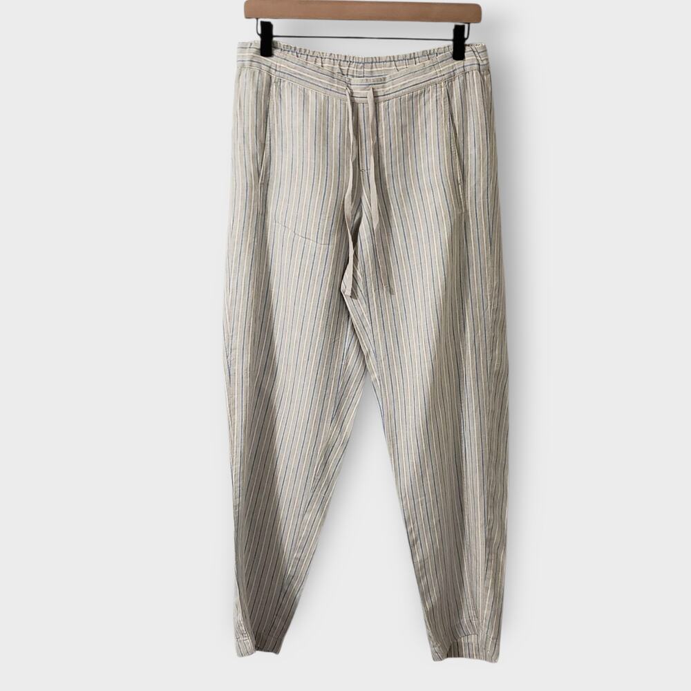 J. Jill Love Linen Tan Blue Stripe Straight Leg Pants Drawstring Pocket XS Beach